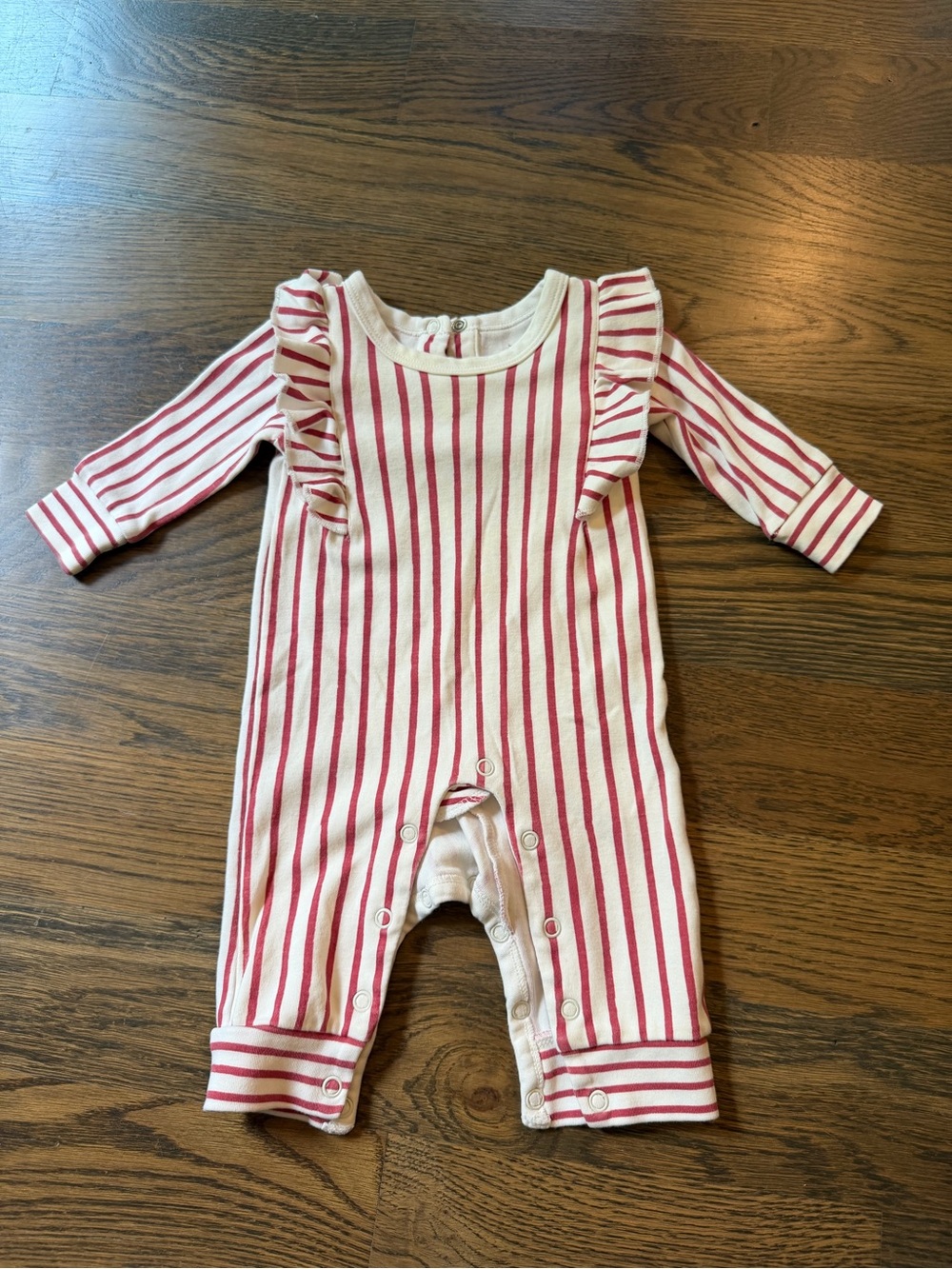 Pehr Organic Striped Ruffle Baby Romper - Cream & Dark Pink